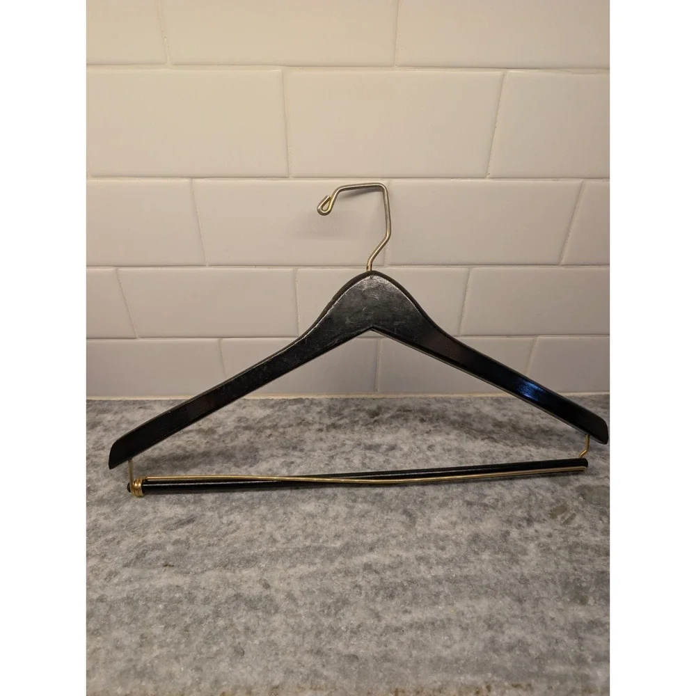 Vintage Neiman Marcus Wooden Suit Hanger Black Gold Hook Designer Closet